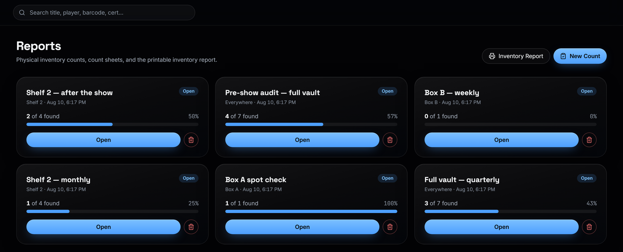 HustleVault's counts and reports screen, listing count sessions with how many items each one found against what was expected.