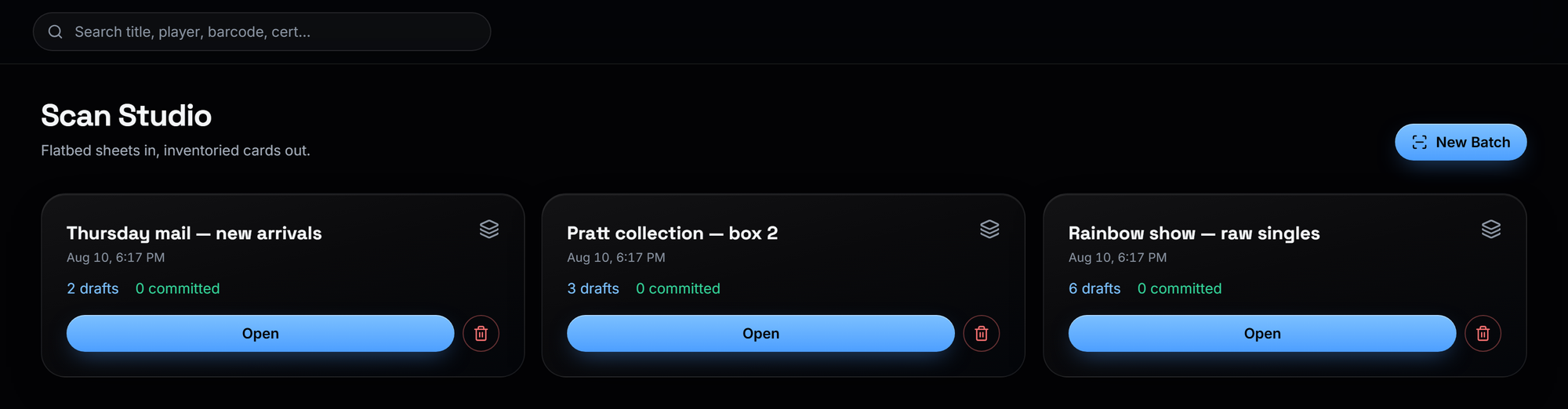 HustleVault's Scan Studio: three scan batches in progress, each showing how many cards are staged as drafts and how many have been committed to inventory.