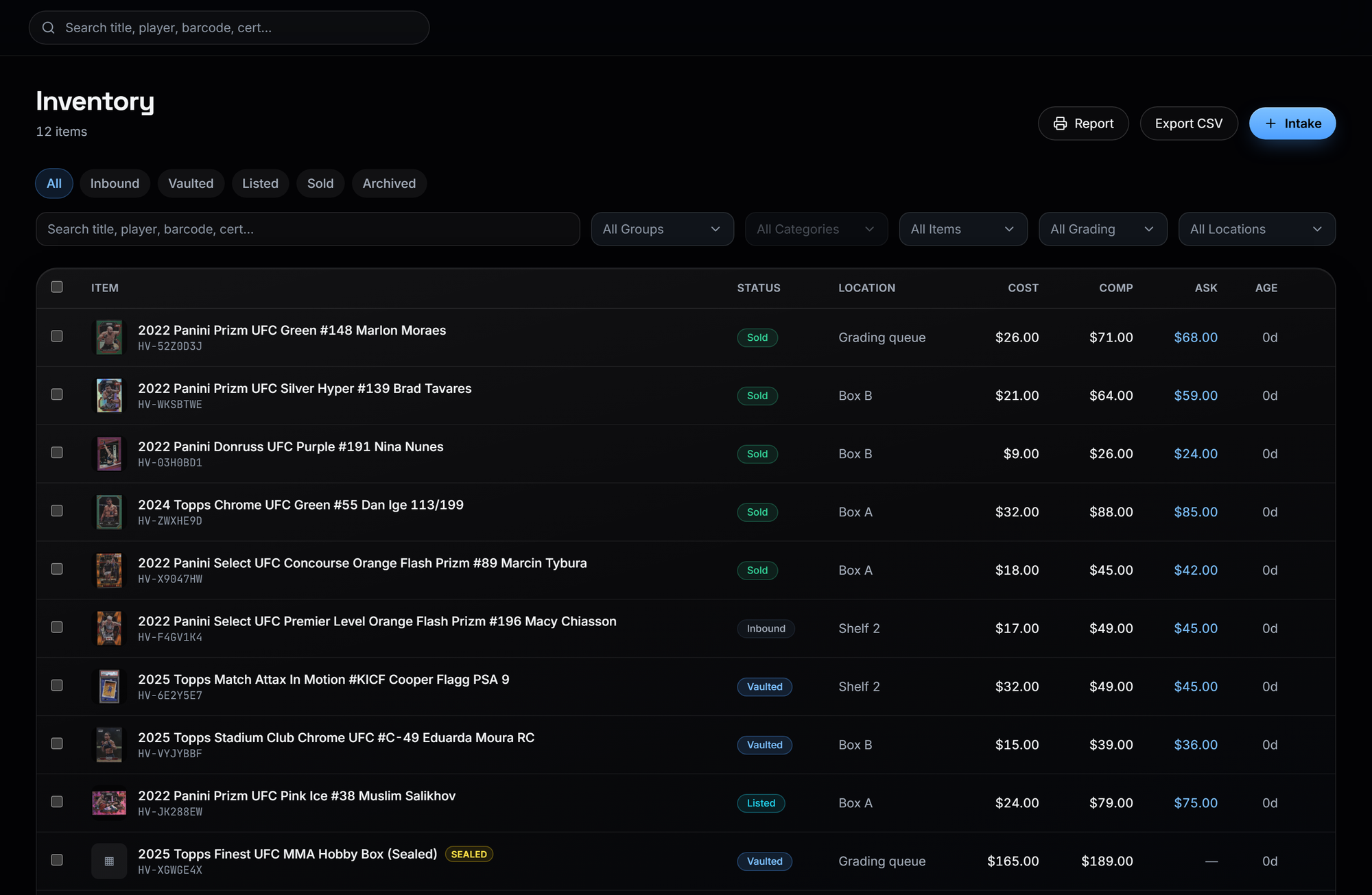 The HustleVault inventory table: one row per card with thumbnail, title, status, cost, comp value, ask price and vault location, above a filter bar.