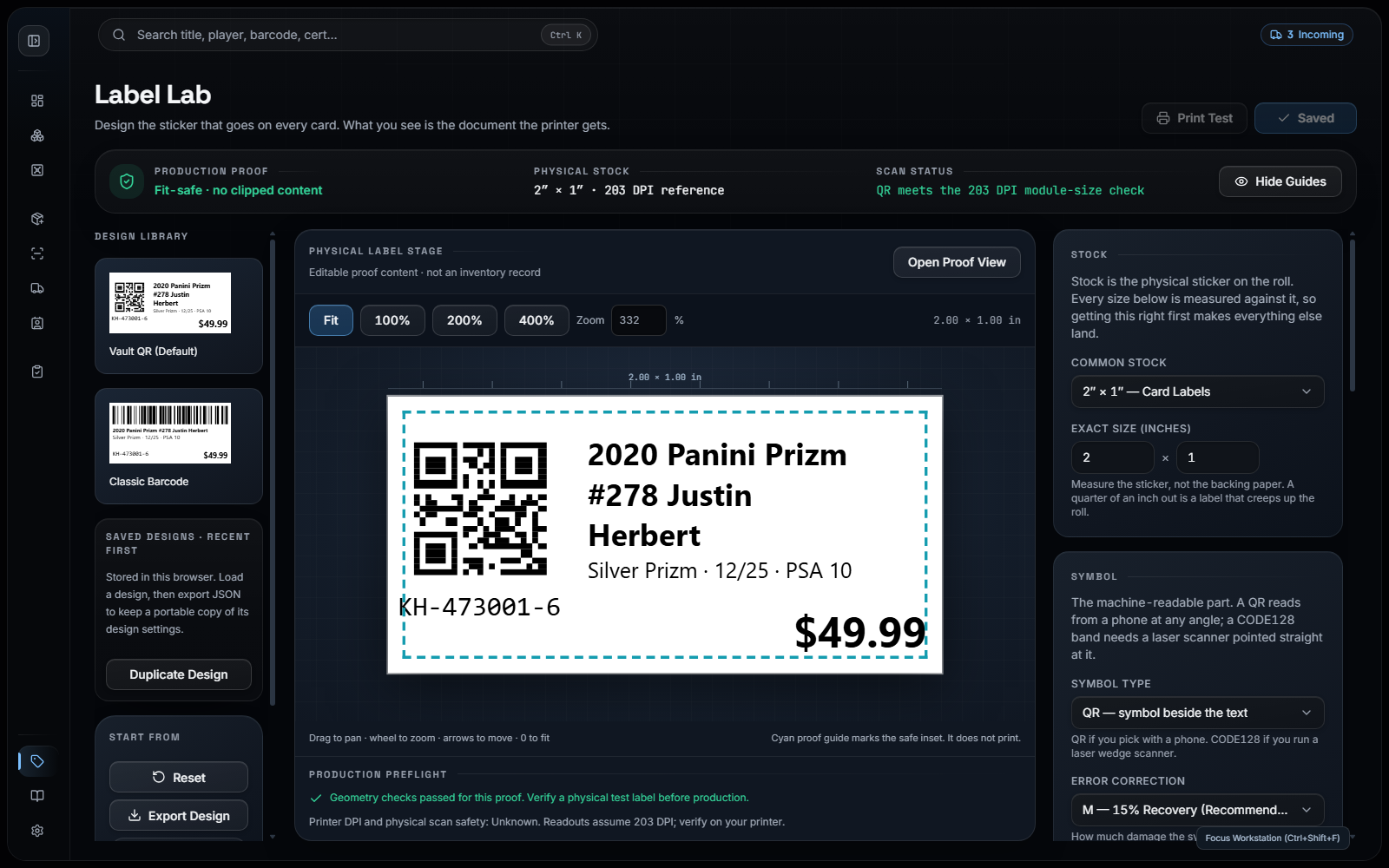 Label Lab in HustleVault Free, with a contained label proof, design controls, stock settings, and production preflight.