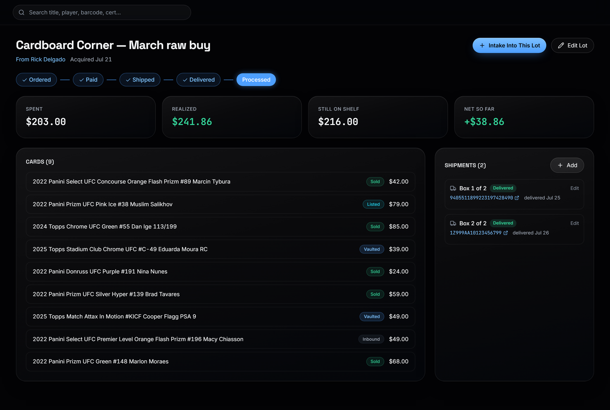 A purchase lot in HustleVault, showing its shipments with tracking, the cards that arrived in it, and the running profit and loss for the lot.