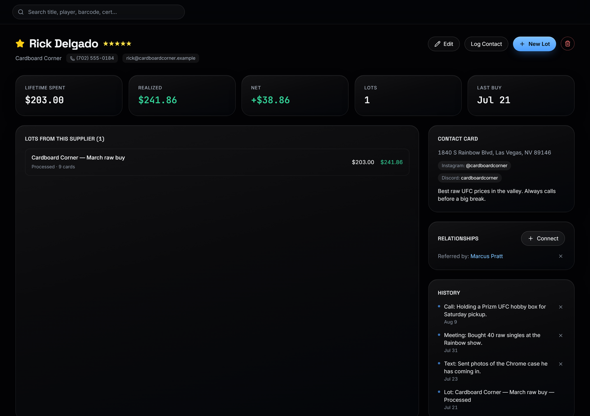 A supplier's page in HustleVault: contact details and rating, lifetime spend and return, and the list of lots they have sent.